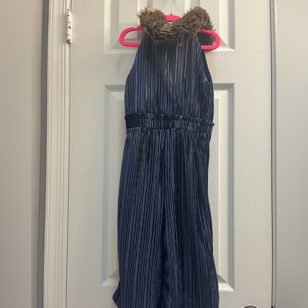 Janie and Jack Velvet Navy Jumpsuit with Faux Fur Collar